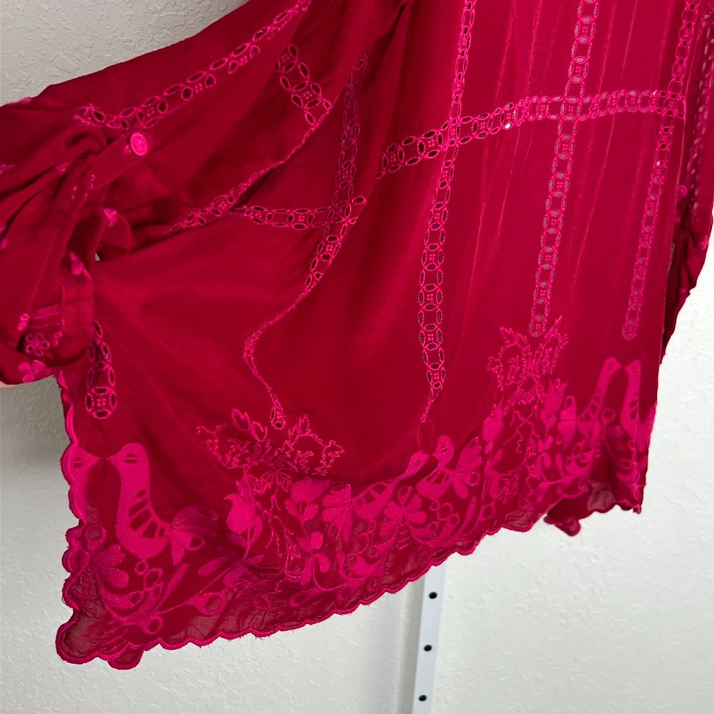 Johnny Was Crimson Blouse fuschia embroidery with Eyelet Trim Long Sleeve Medium - Picture 3 of 16
